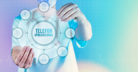 Telefonsprechstunde Arztpraxis. Medizin in der Zukunft. Arzt hält virtuelles Interface mit Text...
