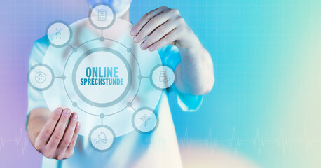 Online Sprechstunde Arztpraxis. Medizin in der Zukunft. Arzt hält virtuelles Interface mit Text...