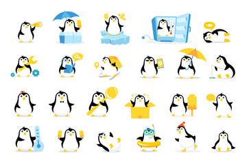 Obraz premium Penguin icon pack for your store. Mascot cartoon vector illustration.