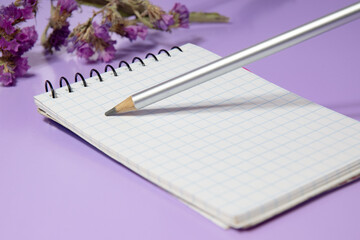 Notepad, pencil and flowers on a light  background. concept idea