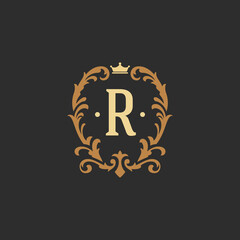 Luxury monogram logo template vector object for logotype or badge design. Trendy vintage royal ornament frame illustration, good for fashion boutique, alcohol or hotel brand.