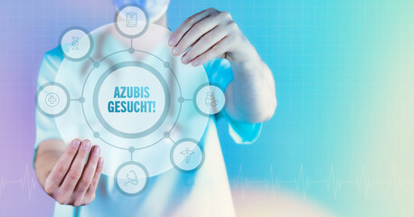 Azubis gesucht!. Medizin in der Zukunft. Arzt hält virtuelles Interface mit Text und Icons im...