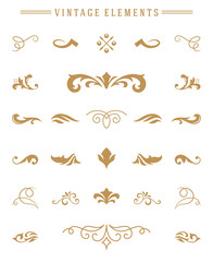 Vintage ornaments set floral elements for design invitations greeting cards, menu frames, and boutique monogram logos. Vector illustration golden color style.