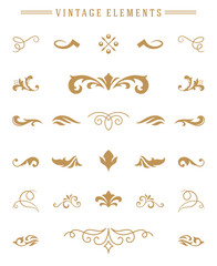 Vintage ornaments set floral elements for design invitations greeting cards, menu frames, and boutique monogram logos. Vector illustration golden color style.