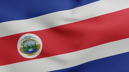 National flag of Costa Rica waving 3D Render, Republic of Costa Rica flag textile, designed by Pacifica Fernandez and includes coat of arms of Costa Rica