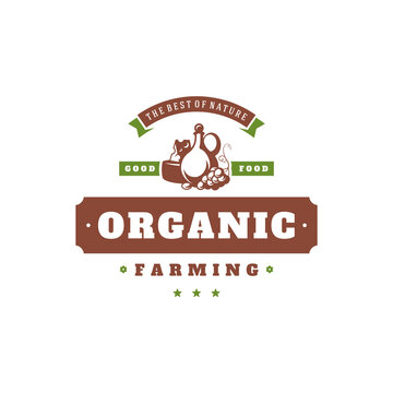 Farmers market logo template vector illustration. Farmer logotype or badge design. Trendy retro style farm natural organic products food silhouette.
