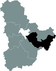 Obraz premium Black flat blank highlighted location map of the BORYSPIL RAION inside gray raions map of the Ukrainian administrative area of Kyiv Oblast, Ukraine