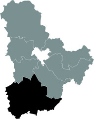Black flat blank highlighted location map of the BILA TSERKVA RAION inside gray raions map of the Ukrainian administrative area of Kyiv Oblast, Ukraine