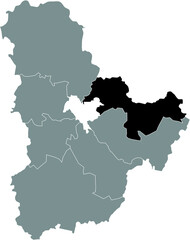 Black flat blank highlighted location map of the BROVARY RAION inside gray raions map of the Ukrainian administrative area of Kyiv Oblast, Ukraine
