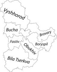 White flat vector map of raion areas of the Ukrainian administrative area of KYIV OBLAST, UKRAINE with black border lines and name tags of its raions