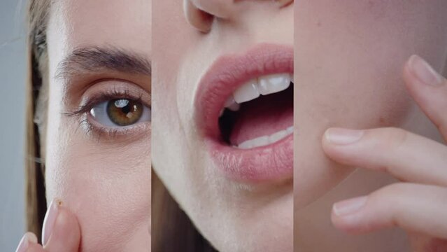 Multi-screen of caucasian beautiful women models with perfect skin touching face at camera posing against grey background. Beauty concept. Collage portrait.