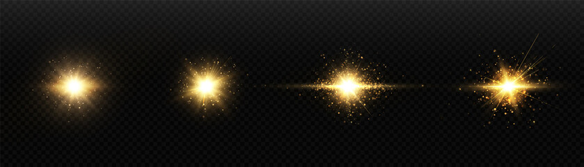Shining golden stars isolated on transparent background. Effects, glare, lines, gold light particles. Set of vector stars.	
