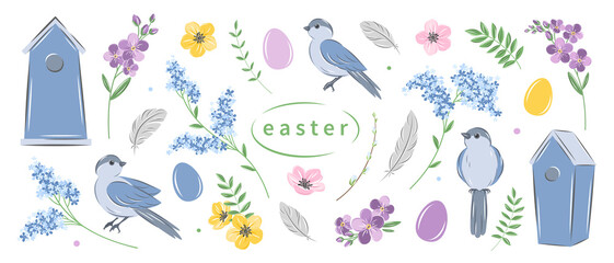 Easter and spring design elements set. Eggs, birds, flowers and decorations. Vector illustration.