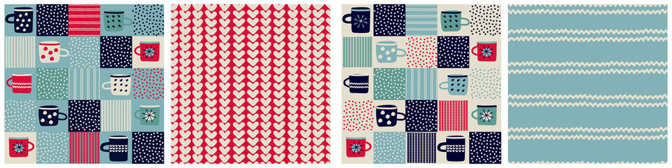 Seamless patterns set, patchwork with hand drawn cups, polka dot, waves in rustic Scandinavian hygge style for surface design and other design projects - obrazy, fototapety, plakaty