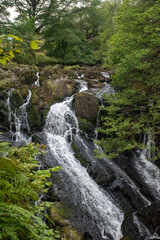 Rhaeadr Ewynnol (Swallow Falls) waterfall, close to the town of Betws-y-Coed. In Snowdonia National Park, north Wales