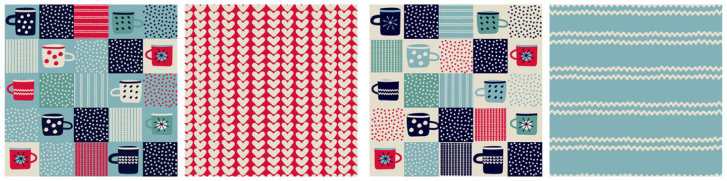 Seamless patterns set, patchwork with hand drawn cups, polka dot, waves in rustic Scandinavian hygge style for surface design and other design projects