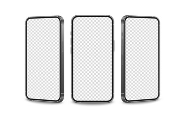 Vector set of phone mockups from different angles. Phone mockup, technology device, smartphone with blank screen. Empty display. PNG.