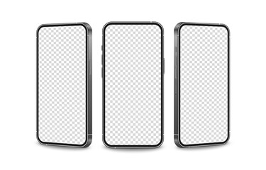 Vector set of phone mockups from different angles. Phone mockup, technology device, smartphone with blank screen. Empty display. PNG.