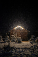 Magical winter cabin in the mountains on a blizzard winter night