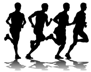 Young athletes run a marathon. Isolated silhouettes on white background