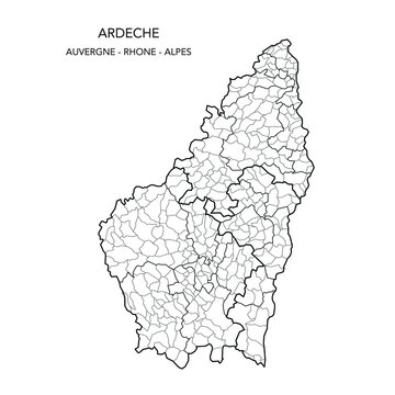Map of the Geopolitical Subdivisions of The Département De L Ardèche Including Arrondissements, Cantons and Municipalities as of 2022 - Auvergne Rhône Alpes - France