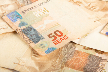 Brazilian money. 50 reais banknotes. Brazilian finance concept.