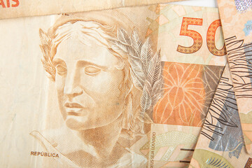 Brazilian money. 50 reais banknotes. Brazilian finance concept.