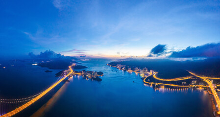 Epic evening view of the Tsing Ma Bridge, Suspension bridge in west side of Hong Kong.