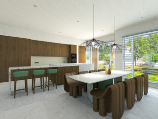 3D rendering, spacious dining room design next to the modern kitchen, with a beautiful dining table and greenery