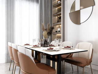 3D rendering, spacious dining room design next to the modern kitchen, with a beautiful dining table and greenery