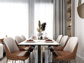 3D rendering, spacious dining room design next to the modern kitchen, with a beautiful dining table and greenery