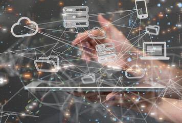 abstract lines with dots over dark background.