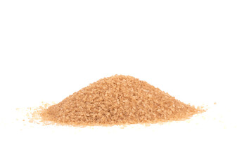 A pile of granulated cane sugar on a white background.