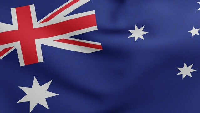 National flag of Australia waving 3D Render, Federation of Australia flag textile designed by Annie Dorrington, Ivor Evans, Lesley Hawkins, Egbert Nutall and William Stevens