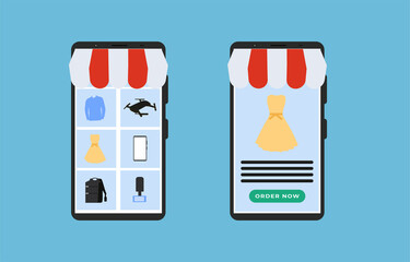 Online product ordering and payment concept. Online store selling dresses and other products. Selling products with an e-commerce phone application. Dress shopping with mobile using the internet.
