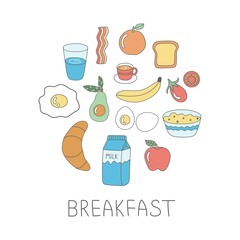 Breakfast. Doodle vector food illustration set. Banana, apple, milk, water, coffee