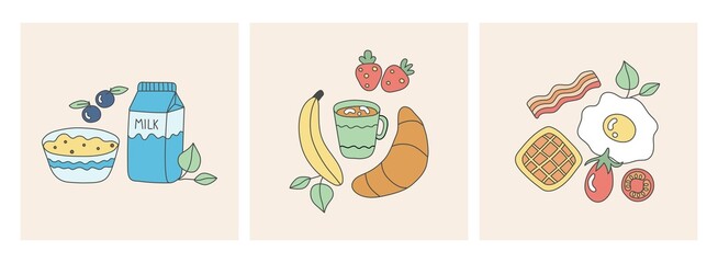 Breakfast. Vector food illustration. Set