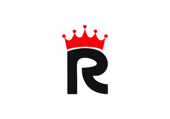 Black R initial letter Bold with red crown logo design - obrazy, fototapety, plakaty