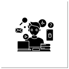 Information overload glyph icon. Overwhelmed with facts and data.Inability to focus in workspace.Smartphone addiction concept.Filled flat sign. Isolated silhouette vector illustration