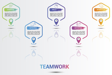 Infographic Teamwork icons vector illustration. 5 colored steps info template with editable text.