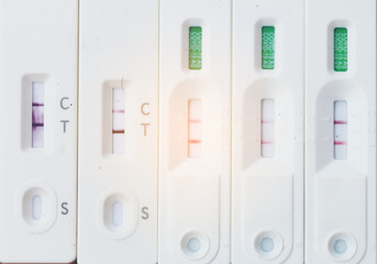 Antigen Test kit with Positive result during swab COVID-19 testing. Coronavirus Self nasal or Home test, Lockdown and Home Isolation concept.