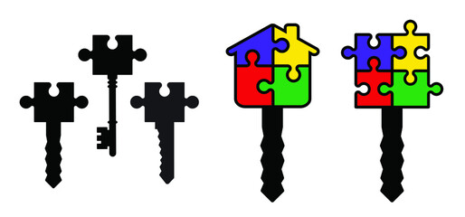 Puzzle with key. Cartoon autism ribbon pattern. Vector world awareness day. Puzzle pieces icon or pictogram. Autism spectrum disorder (ASD) is a neurological and developmental disorder with social ski