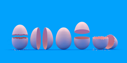 A set of whole and broken eggs arranged in a row on blue. 3D illustration