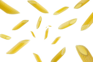 Collection of Italian Pasta penne rigate falling isolated on white background. Selective focus