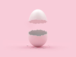 Broken vertical eggshell in pink pastel colors. 3D illustration - obrazy, fototapety, plakaty