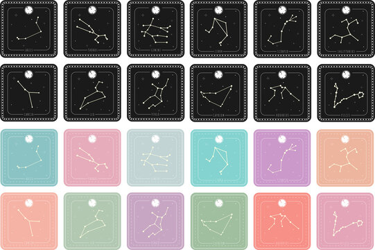 Zodiac astrology constellation horoscope cards with stars and decorative elements design vector set.