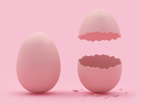 Whole egg and broken empty eggshell in pink. 3D illustration