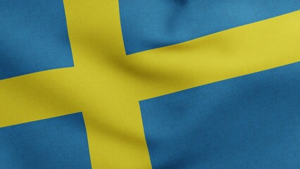 National flag of Sweden waving 3D Render, Sveriges flagga with yellow Nordic cross, Swedish flag