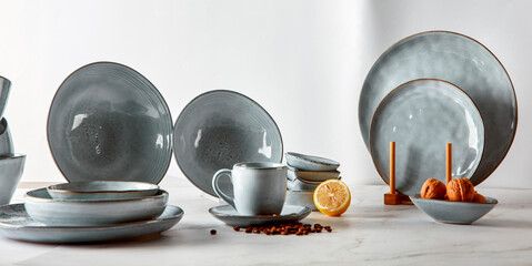 Still life photography of blue classical ceramic utensils