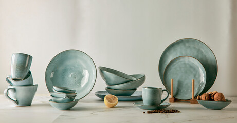 Still life photography of blue classical ceramic utensils